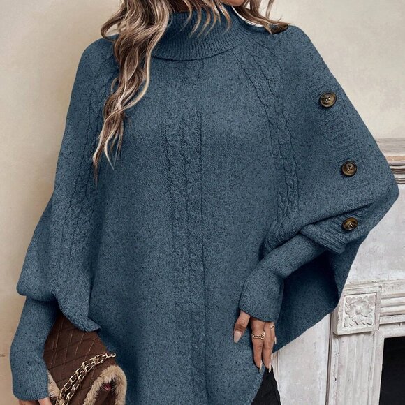 Blue Casual Women's Turtleneck Batwing Sleeve Button Detail Poncho Sweater top - Picture 1 of 7